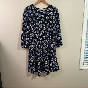 LOFT Navy Dress with Cream and Blue Floral Design